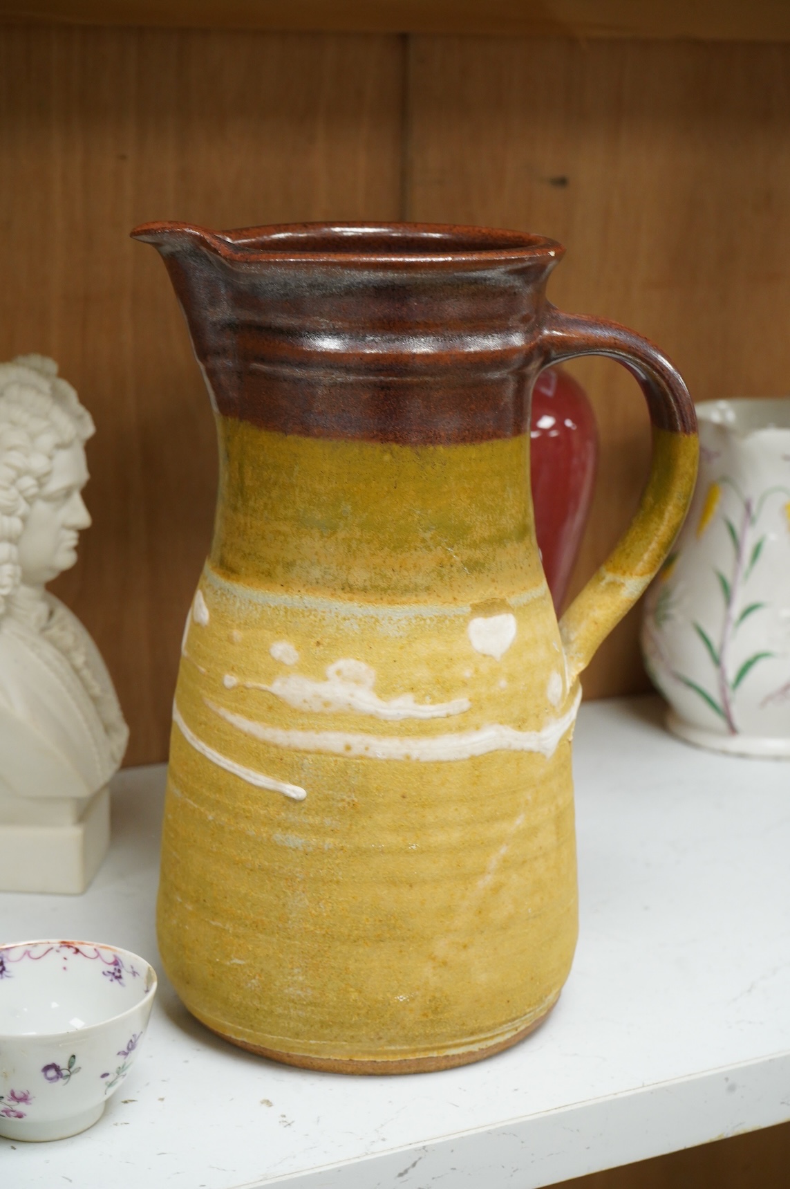 A collection of 18th century and later Chinese tea wares, a studio pottery jug & an R&L Parian bust of Handel, tallest 25cm